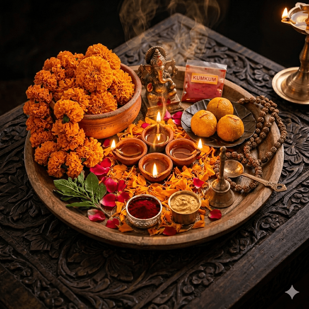 Marigold flowers and prasad